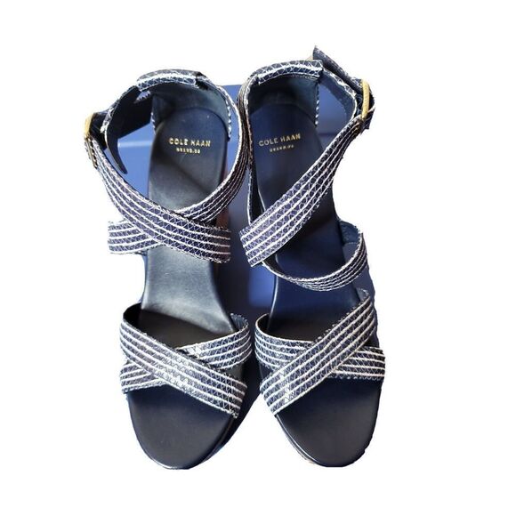Cole Haan Grand Women’s Shoes Jillian Wedge Criss-Cross Sandals Blue Size 9 B - Picture 1 of 9